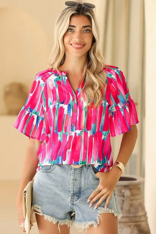 Abstract Brushwork Print Buttoned V Neck Blouse