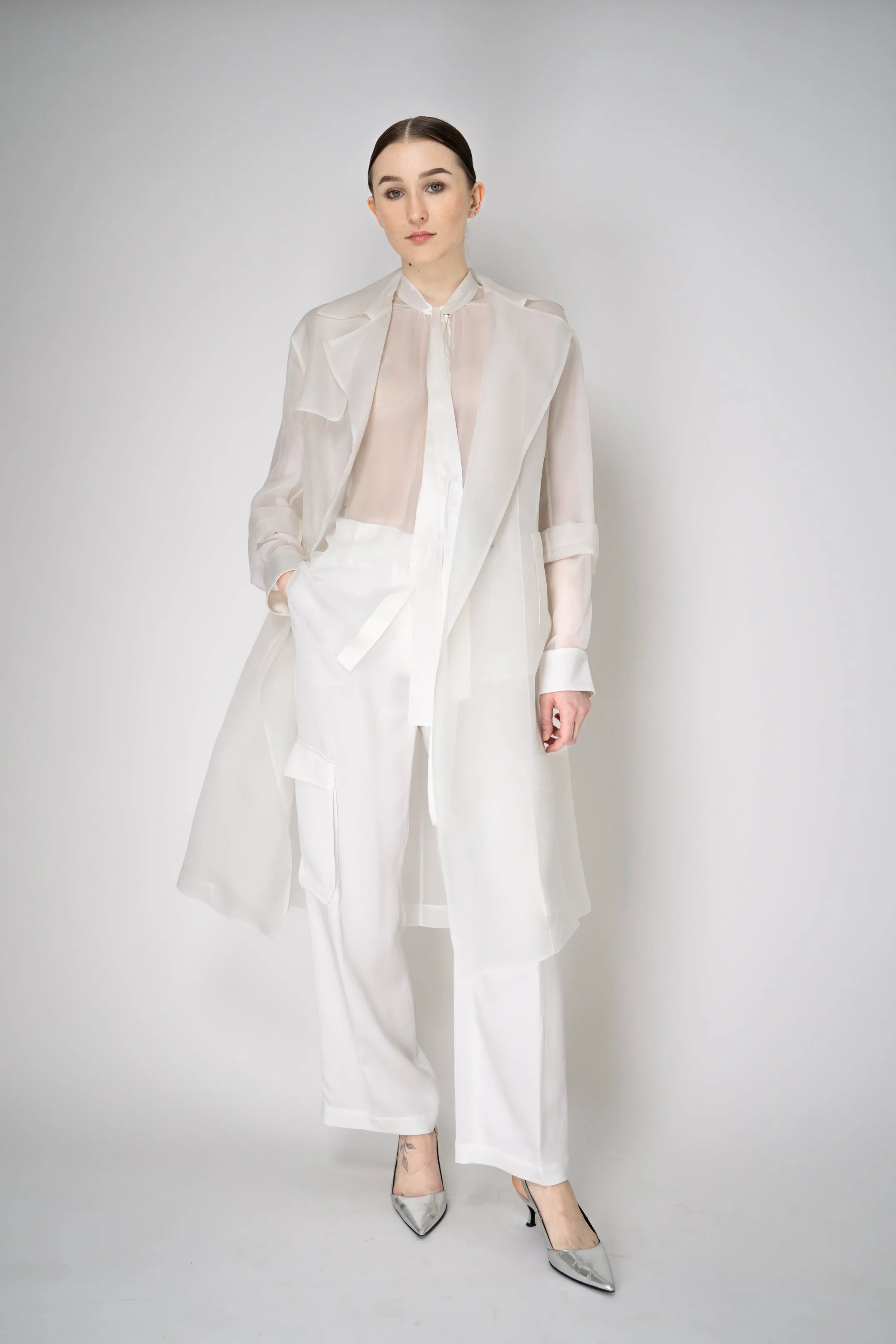 Antonelli Valmorea Silk Organza Sheer Trench Coat in White