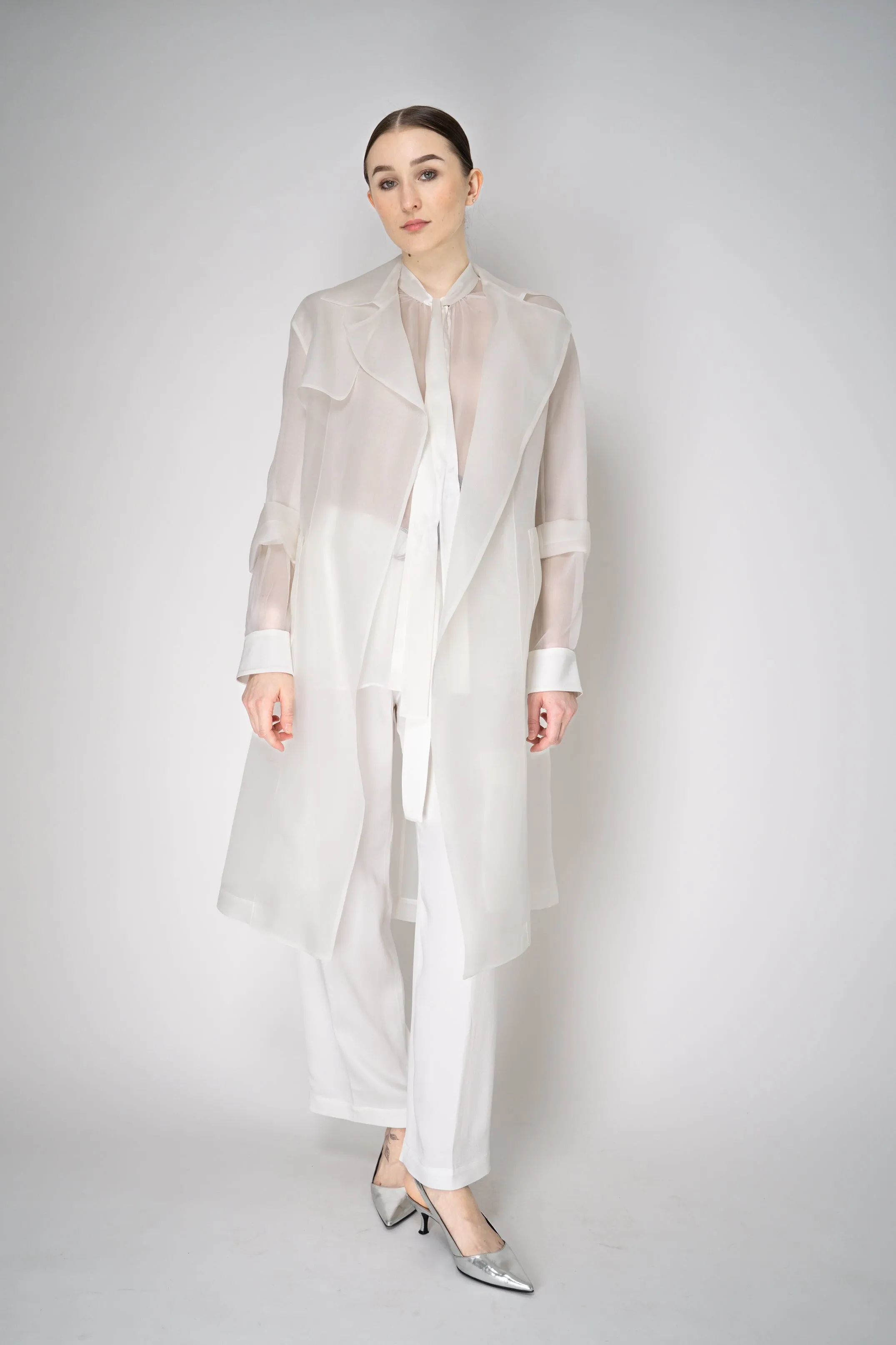 Antonelli Valmorea Silk Organza Sheer Trench Coat in White