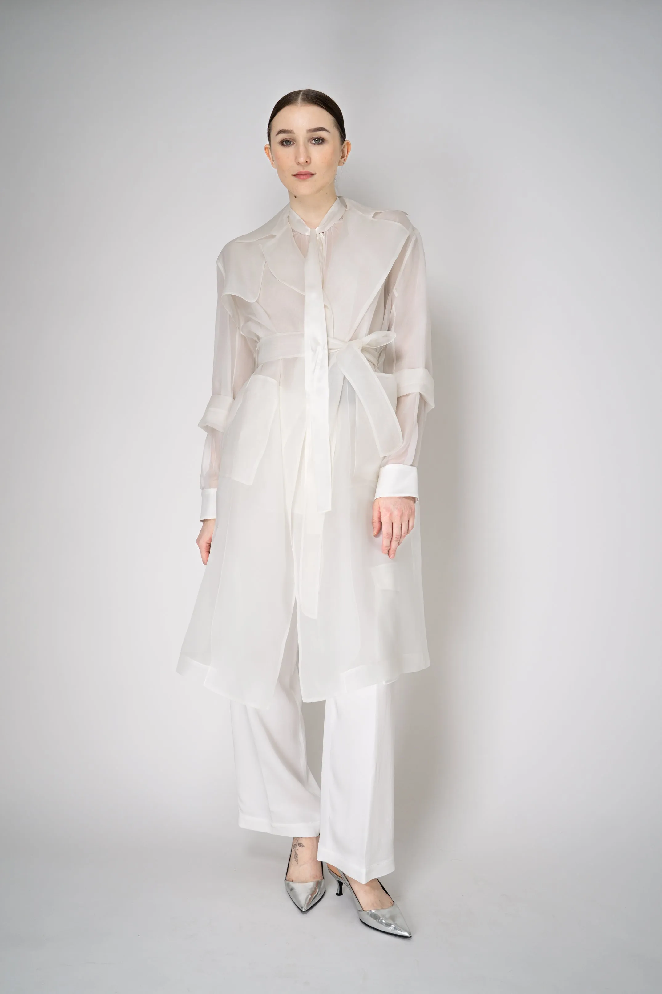 Antonelli Valmorea Silk Organza Sheer Trench Coat in White
