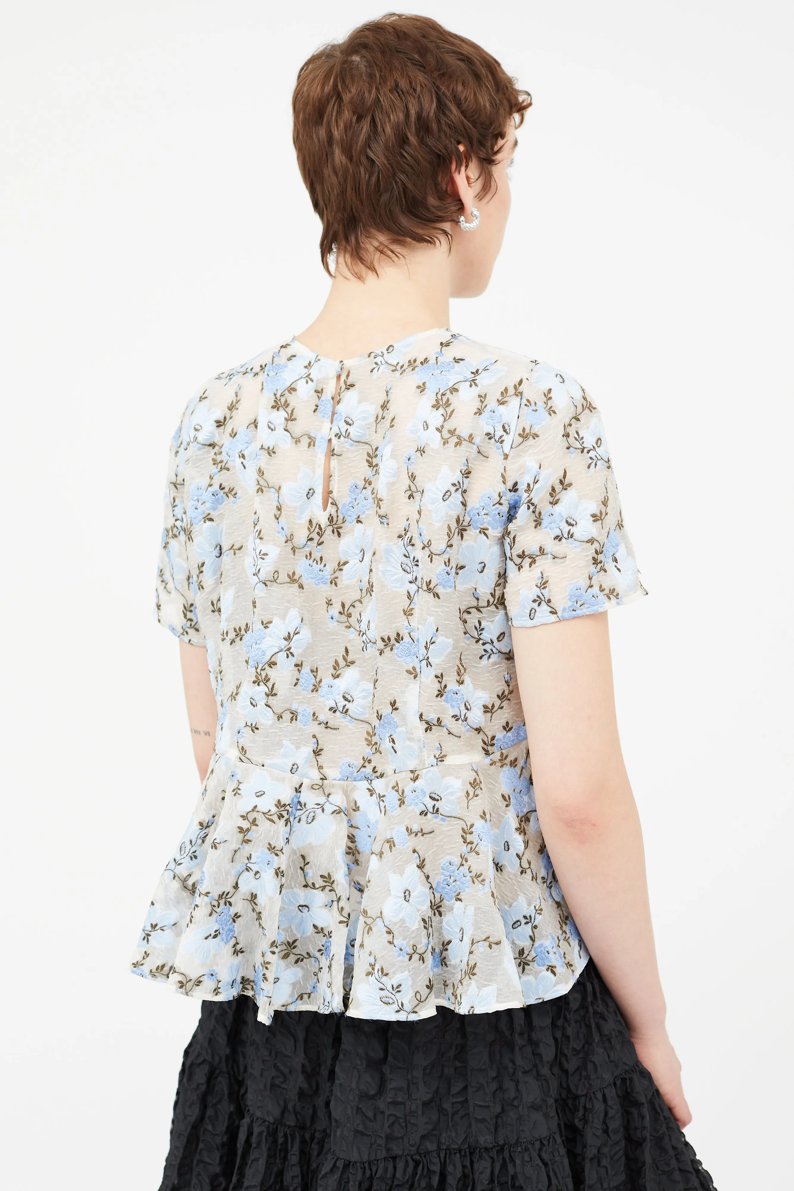 Blue Sheer Floral Peplum Blouse