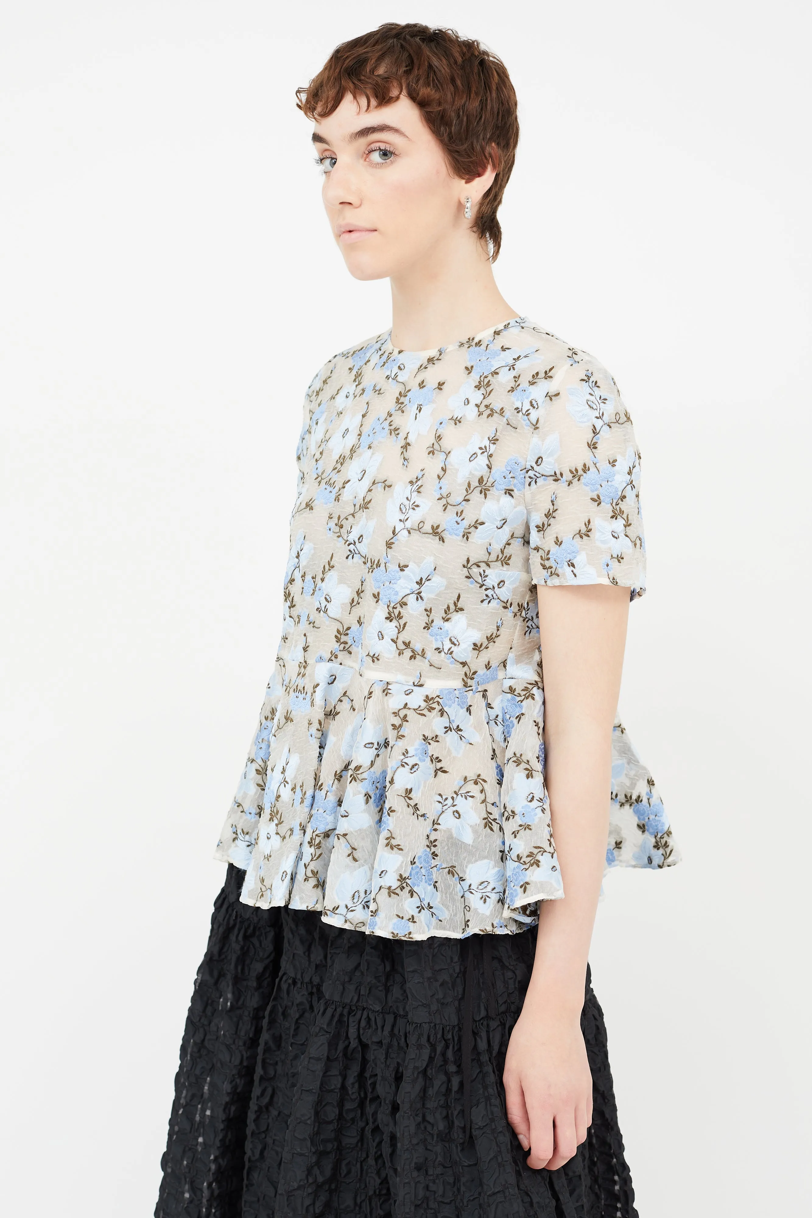 Blue Sheer Floral Peplum Blouse