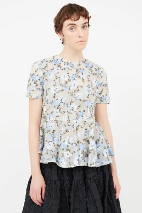 Blue Sheer Floral Peplum Blouse