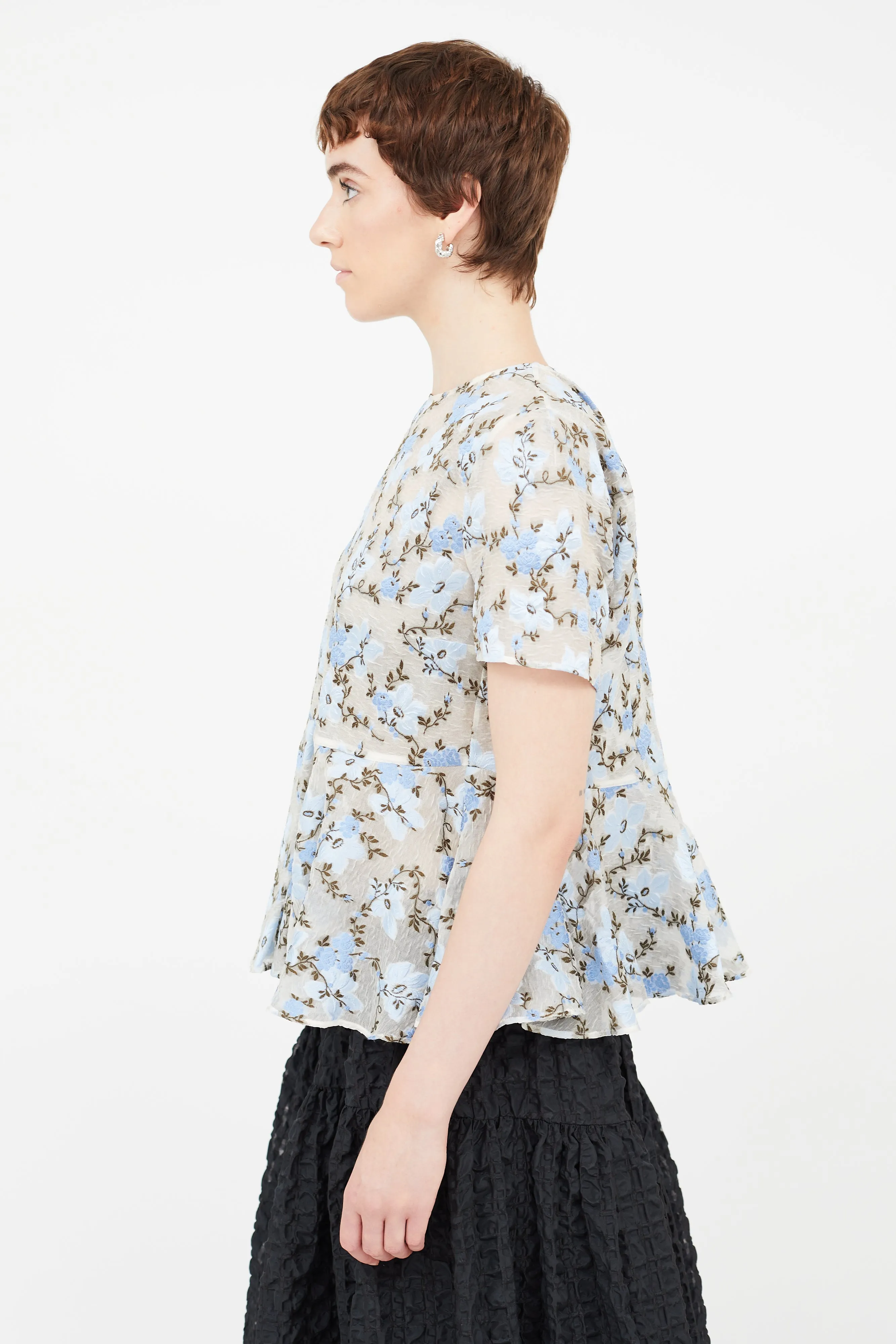 Blue Sheer Floral Peplum Blouse