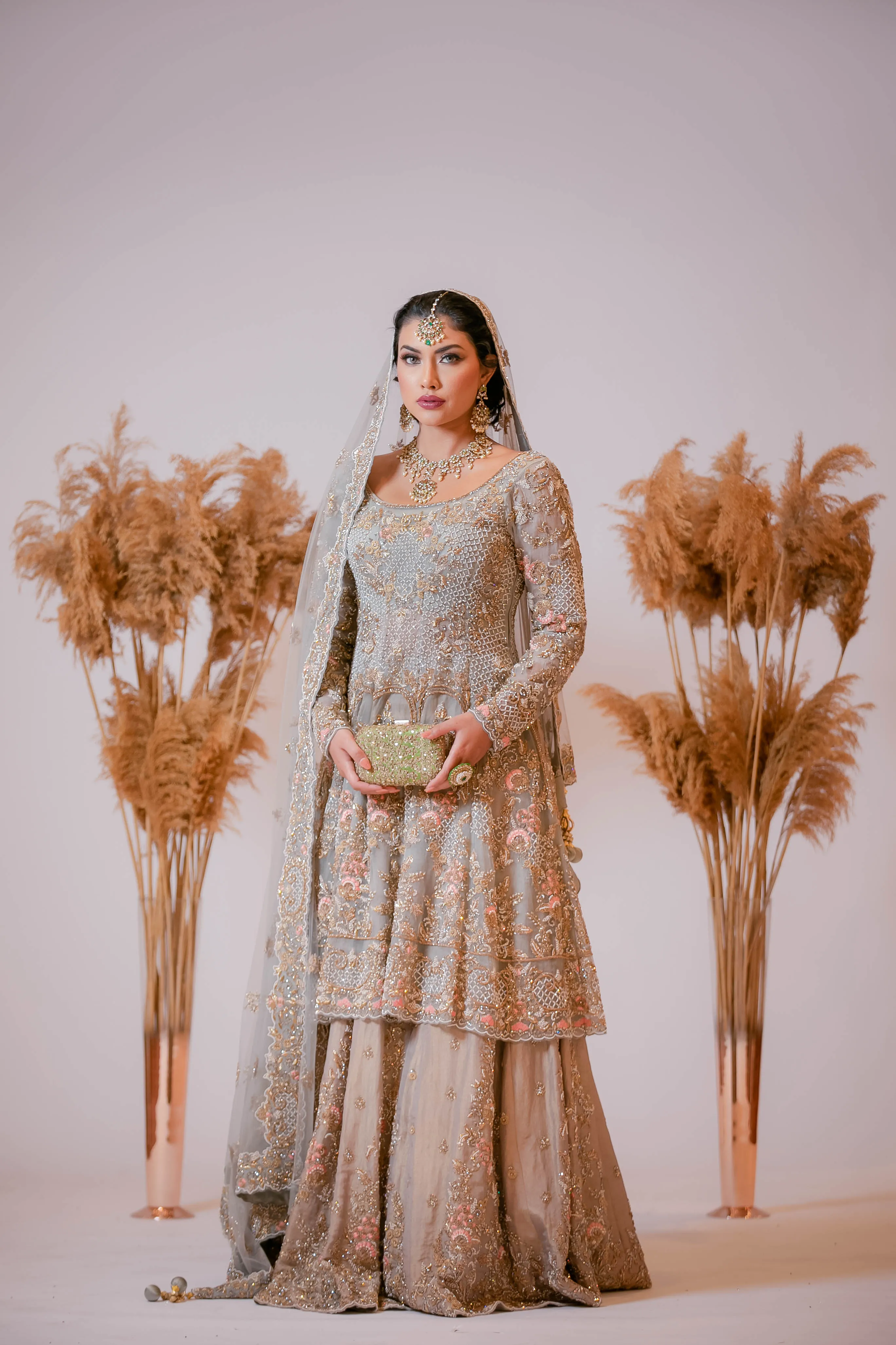 Bridal Grey organza peplum with Tissue silk skirt