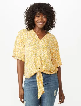 Elbow Tie Front Bell Sleeve Blouse