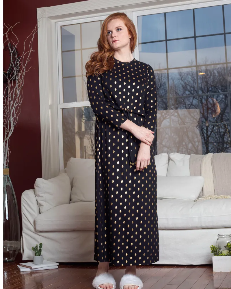 Ellwi Gold Polka Dot Print Black Cotton Nursing Nightgown