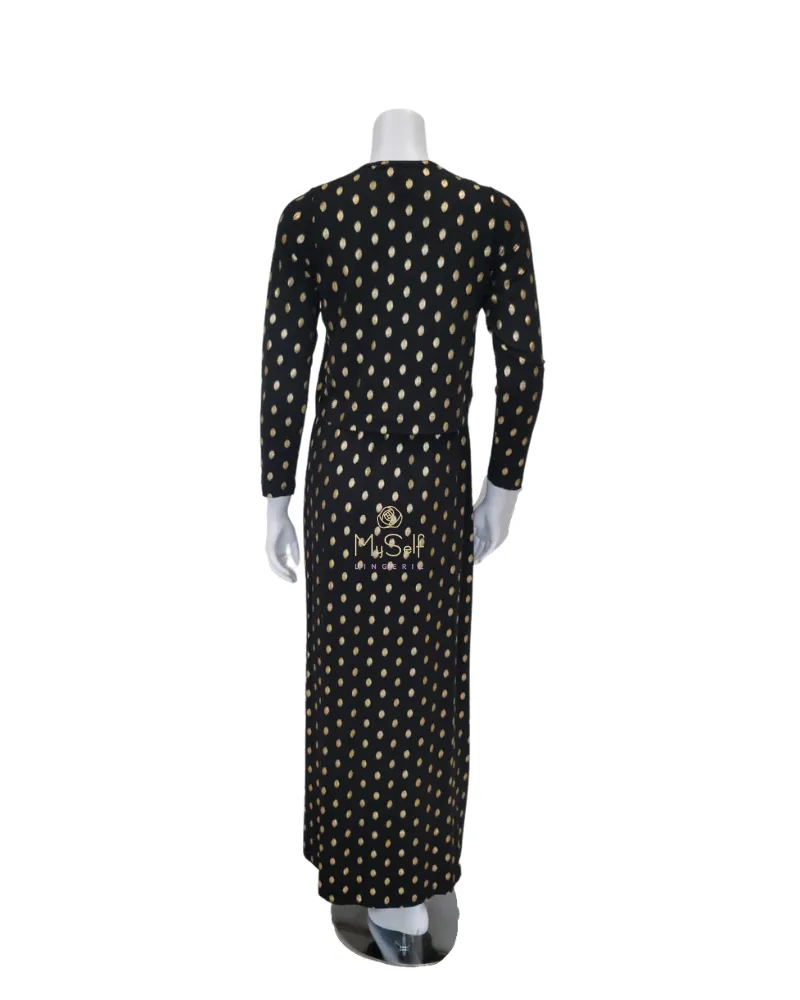 Ellwi Gold Polka Dot Print Black Cotton Nursing Nightgown