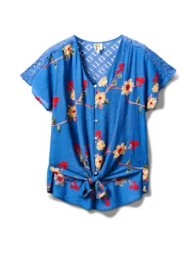Embroidered Tie Front Blouse With Crochet