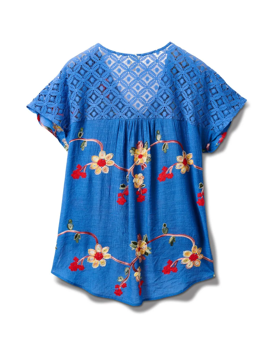 Embroidered Tie Front Blouse With Crochet