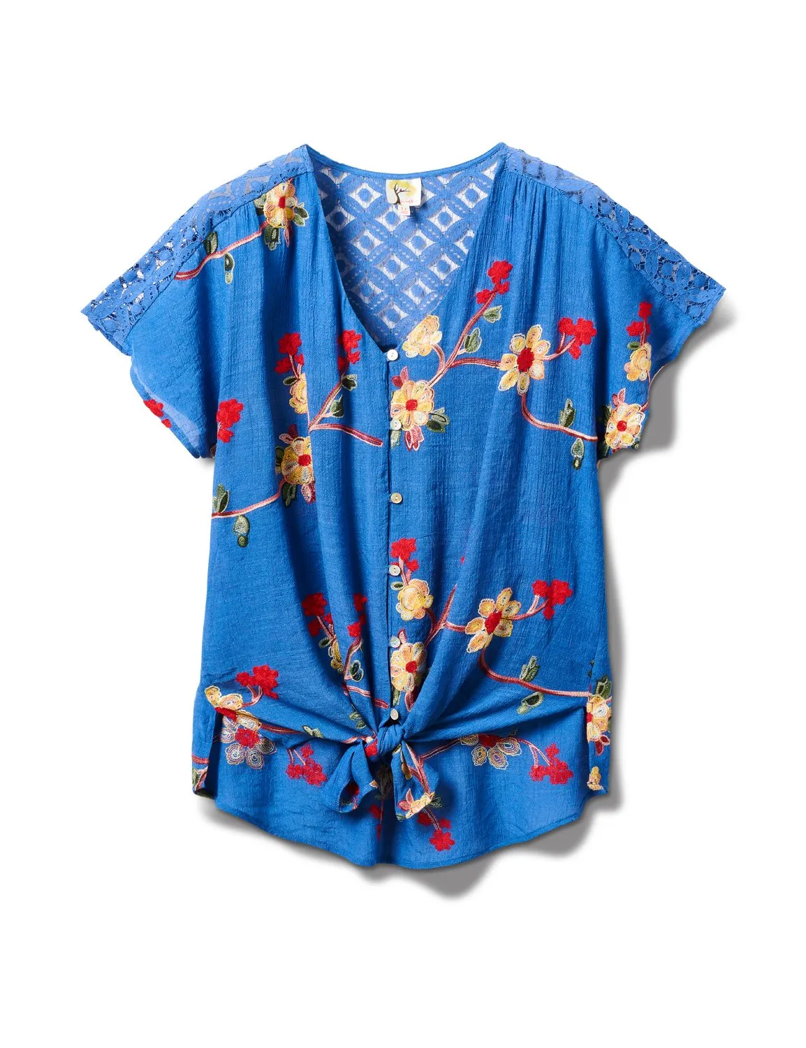 Embroidered Tie Front Blouse With Crochet