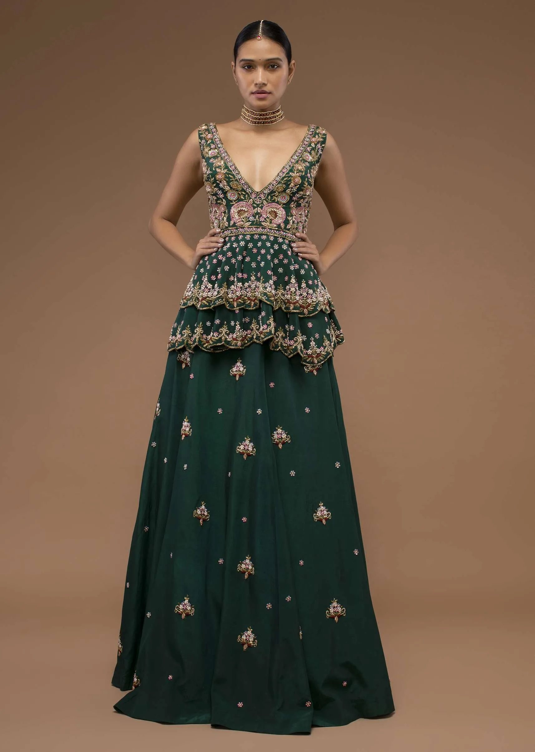 June Bug Green Lehenga And A Peplum Short Kurta Set, Crafted In Crepe With Moti And Zardozi Embroidery Buttis