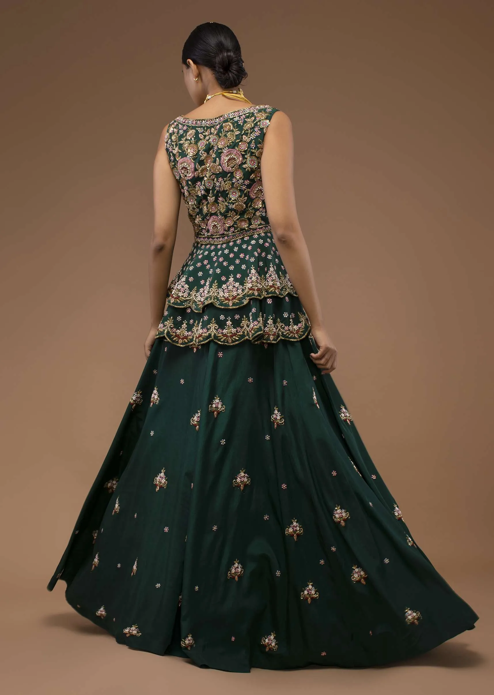 June Bug Green Lehenga And A Peplum Short Kurta Set, Crafted In Crepe With Moti And Zardozi Embroidery Buttis