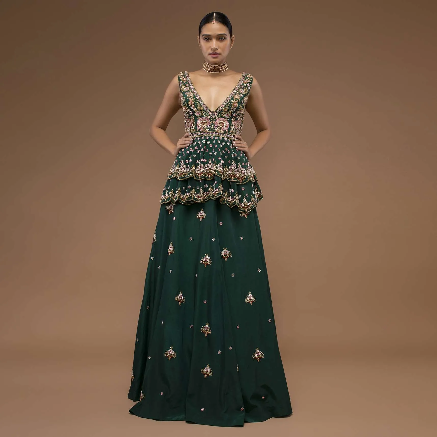 June Bug Green Lehenga And A Peplum Short Kurta Set, Crafted In Crepe With Moti And Zardozi Embroidery Buttis