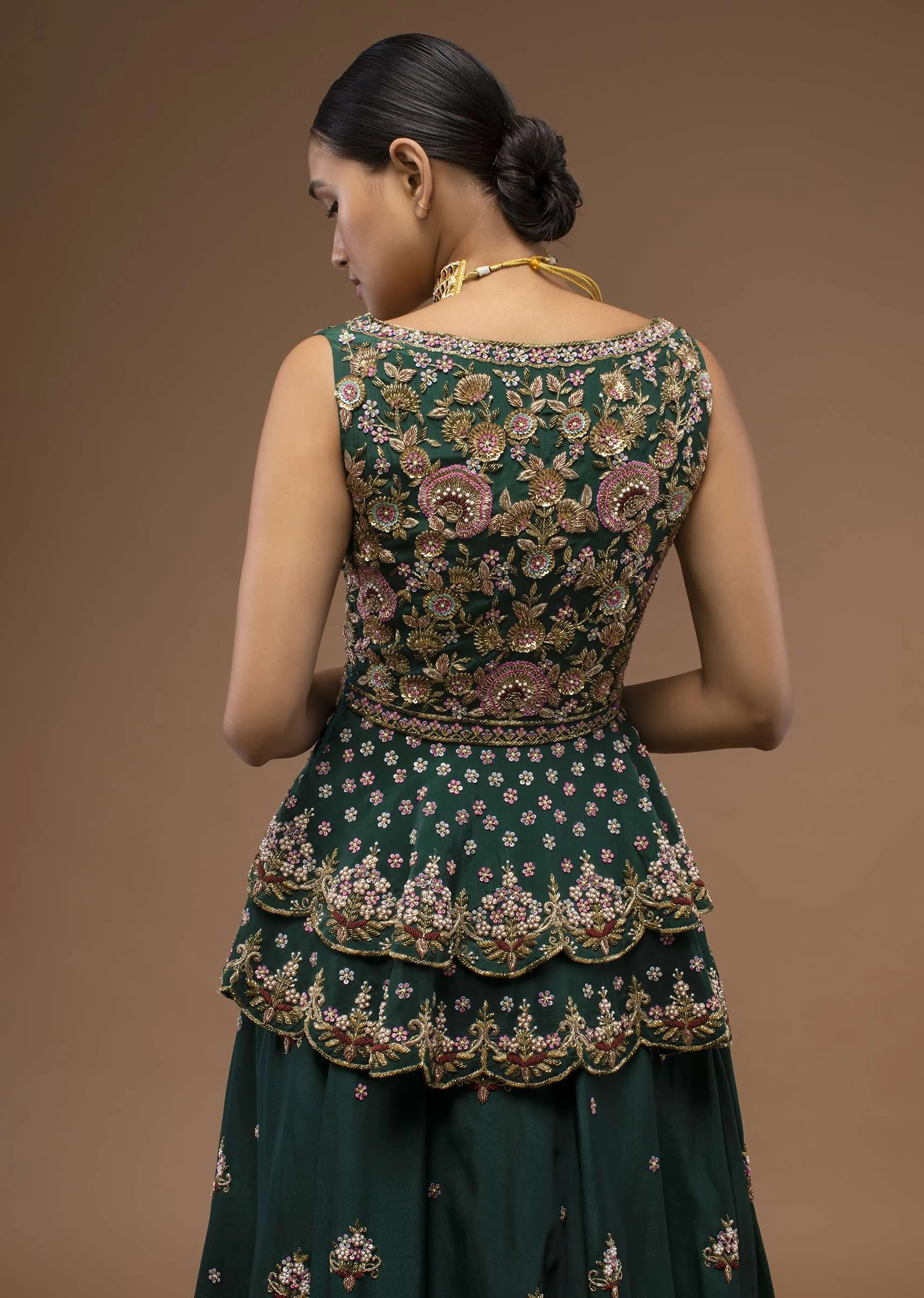 June Bug Green Lehenga And A Peplum Short Kurta Set, Crafted In Crepe With Moti And Zardozi Embroidery Buttis