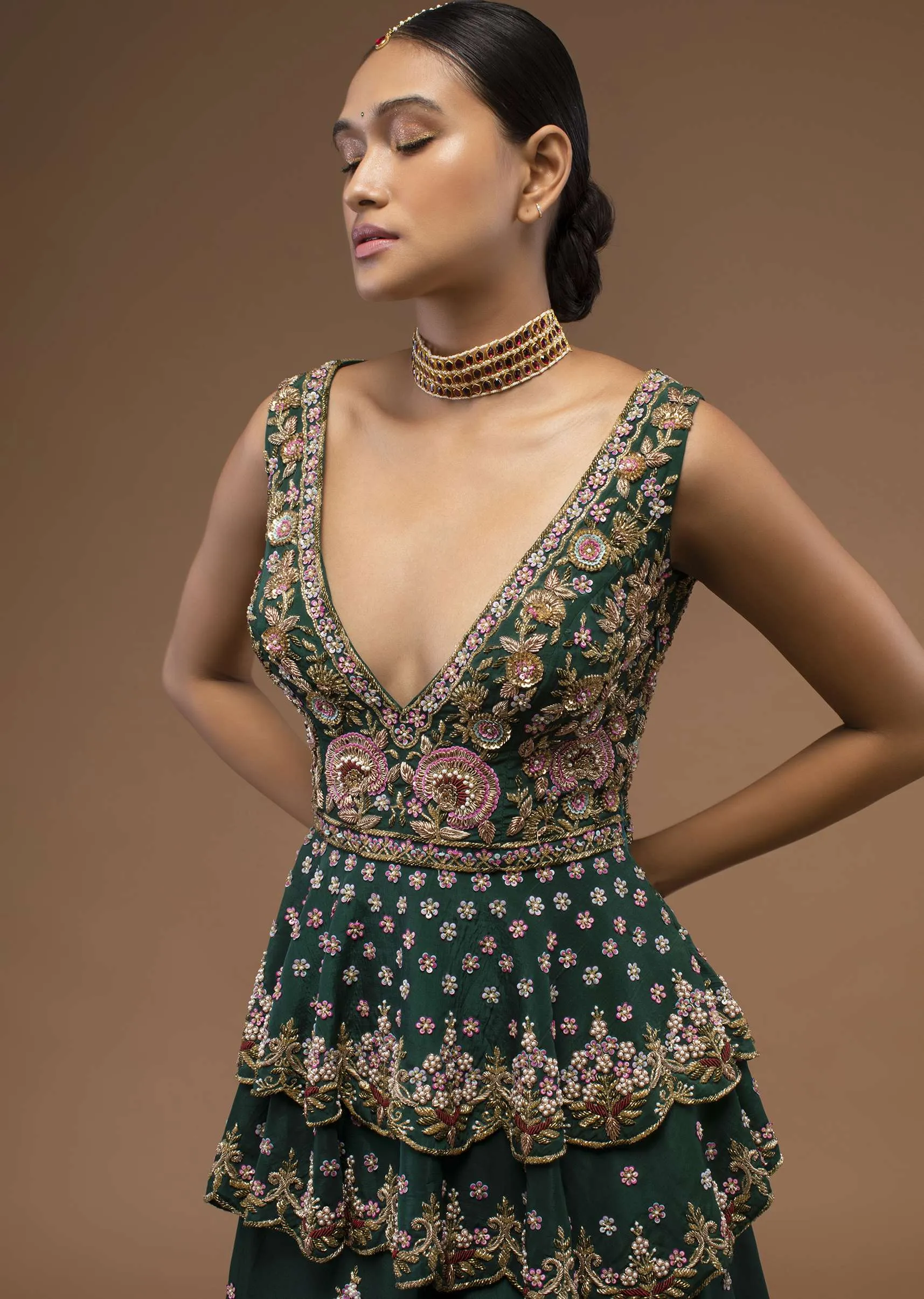 June Bug Green Lehenga And A Peplum Short Kurta Set, Crafted In Crepe With Moti And Zardozi Embroidery Buttis