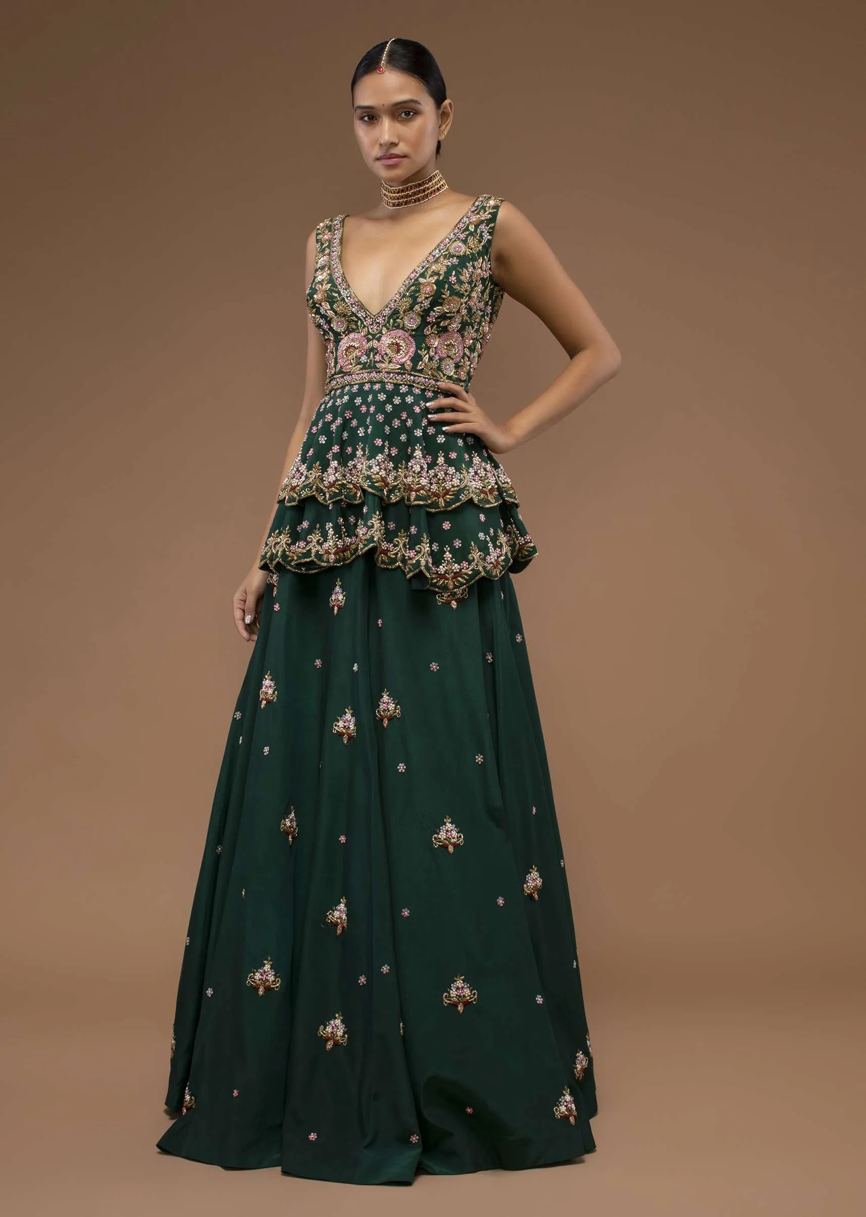 June Bug Green Lehenga And A Peplum Short Kurta Set, Crafted In Crepe With Moti And Zardozi Embroidery Buttis