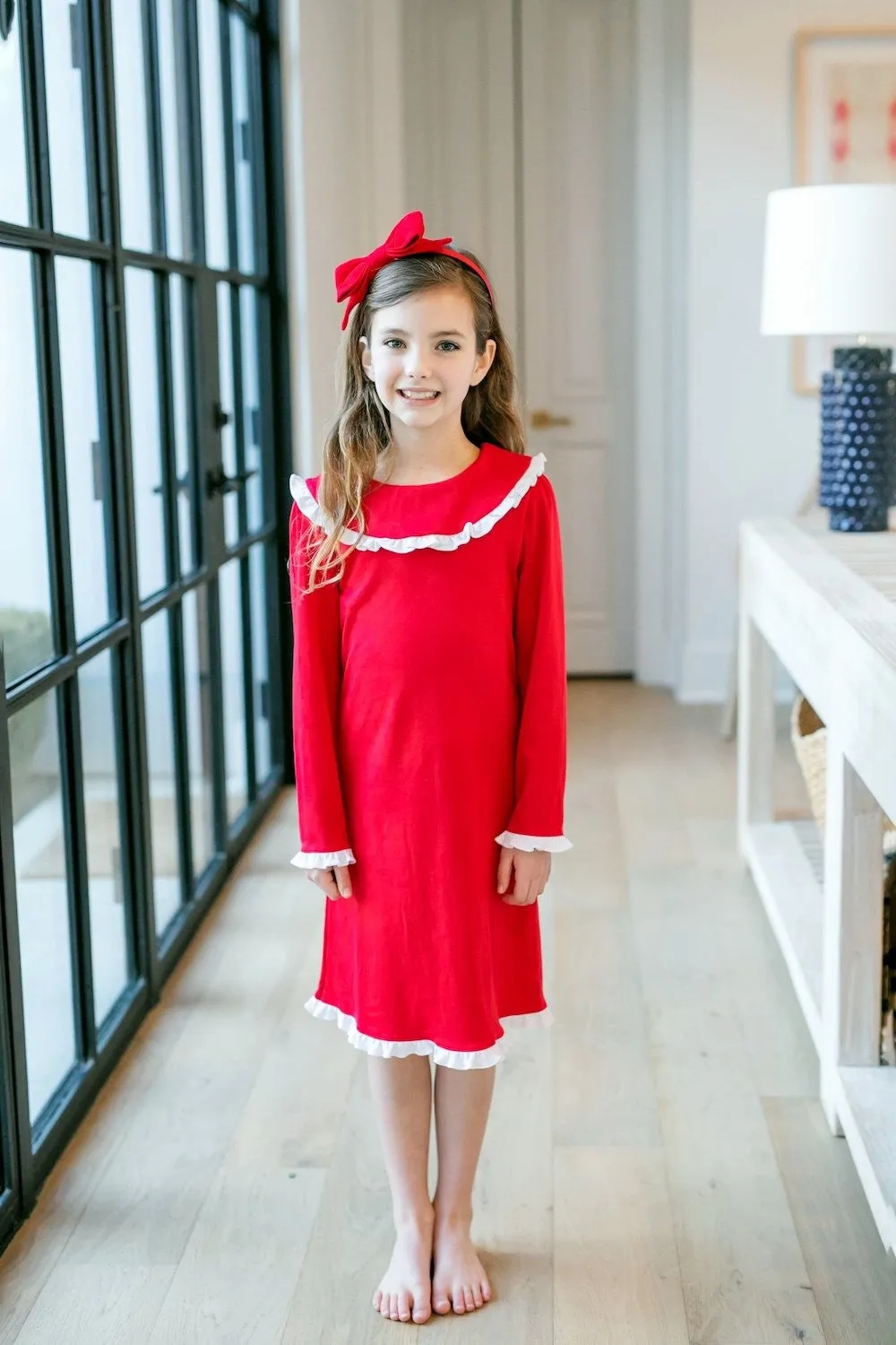 Lila & Hayes Girls Madeline Lounge Dress - Red with White Ruffle