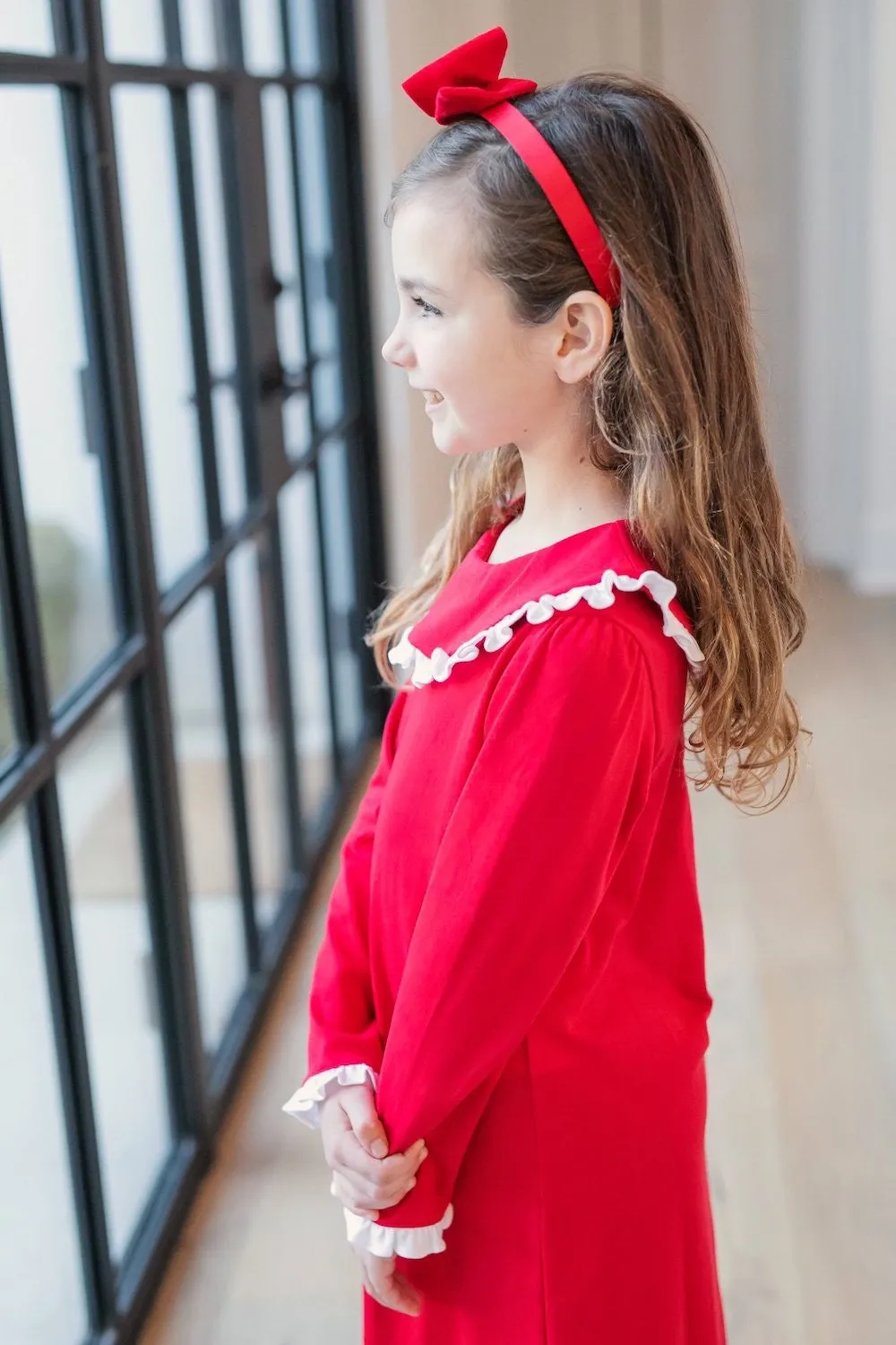 Lila & Hayes Girls Madeline Lounge Dress - Red with White Ruffle