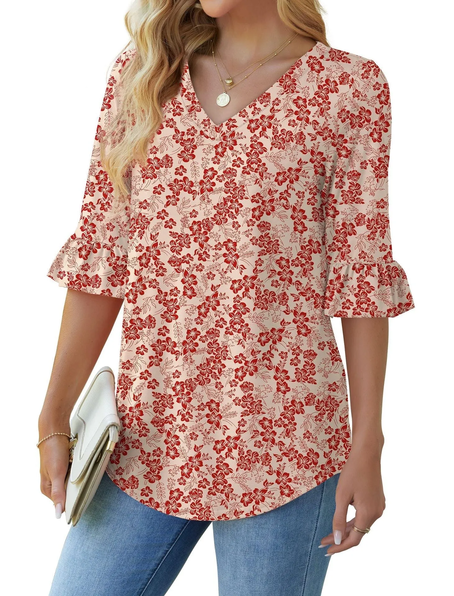 💕Limited time sale 50% off👚Womens 3/4 Length Sleeve V-Neck Eyelet Casual Ruffle Sleeve Tunic Blouses
