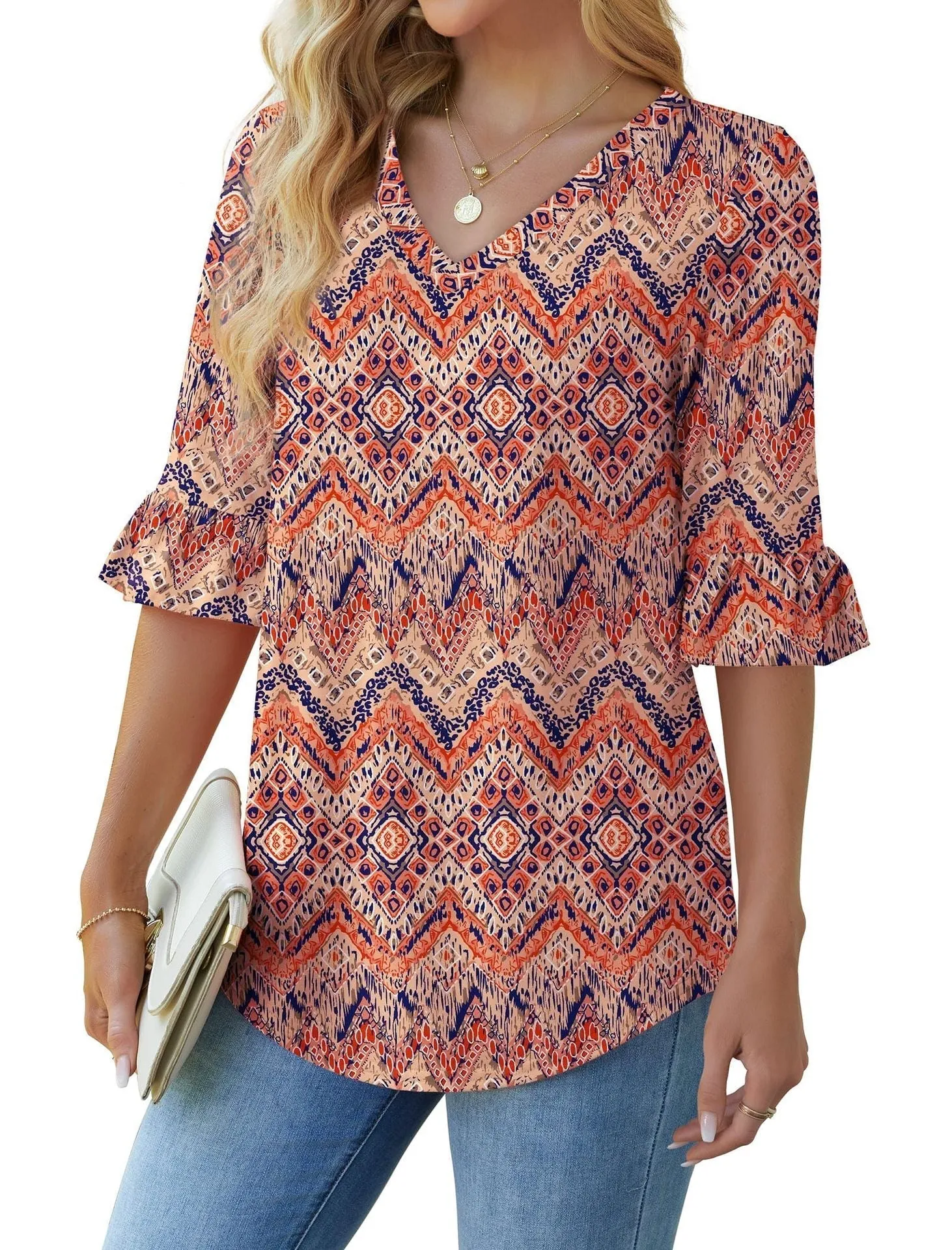 💕Limited time sale 50% off👚Womens 3/4 Length Sleeve V-Neck Eyelet Casual Ruffle Sleeve Tunic Blouses