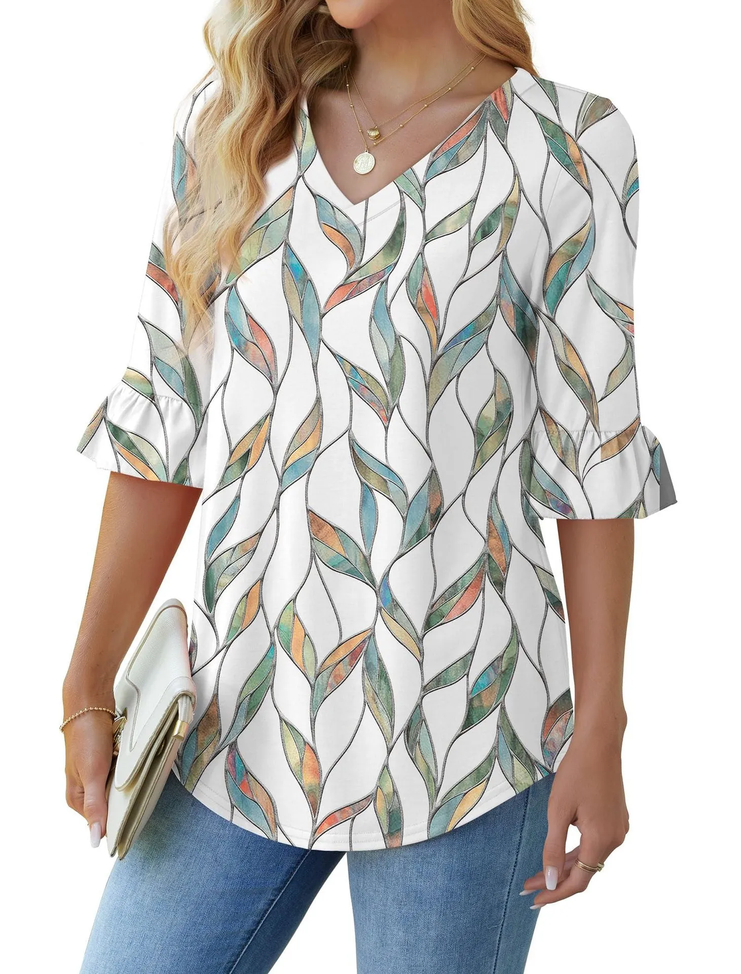 💕Limited time sale 50% off👚Womens 3/4 Length Sleeve V-Neck Eyelet Casual Ruffle Sleeve Tunic Blouses