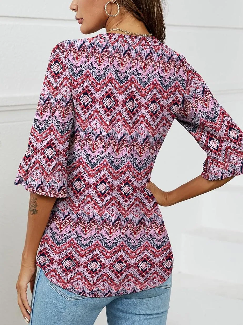 💕Limited time sale 50% off👚Womens 3/4 Length Sleeve V-Neck Eyelet Casual Ruffle Sleeve Tunic Blouses