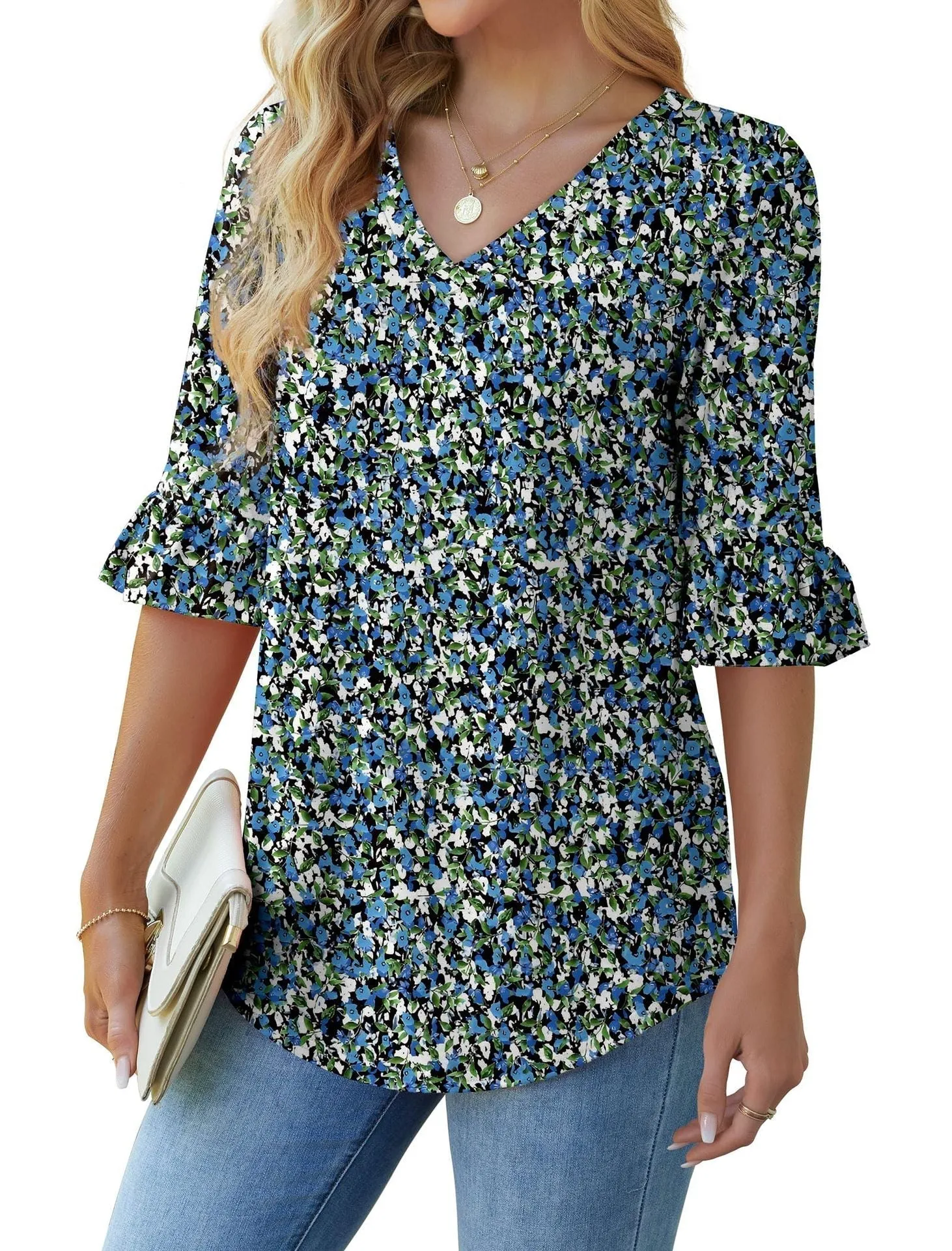 💕Limited time sale 50% off👚Womens 3/4 Length Sleeve V-Neck Eyelet Casual Ruffle Sleeve Tunic Blouses