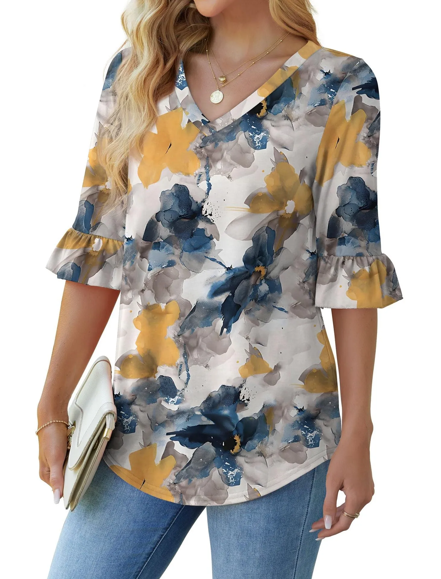 💕Limited time sale 50% off👚Womens 3/4 Length Sleeve V-Neck Eyelet Casual Ruffle Sleeve Tunic Blouses