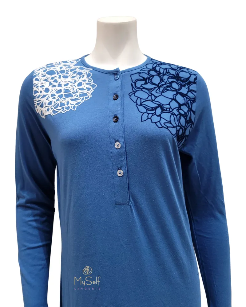 Lunderbeck Flocked Hydrangea Cobalt Button Down Nightgown