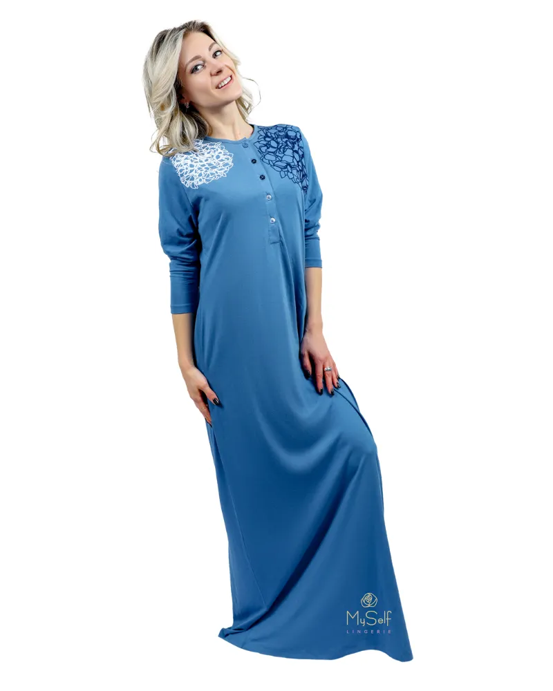 Lunderbeck Flocked Hydrangea Cobalt Button Down Nightgown