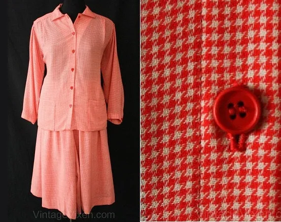 Size 10 Rodier Paris 1980s Red Houndstooth Dress Set - Wool Challis - Two Piece - Shirt & Skirt - French 80s Designer - Waist 29 - 37944-1