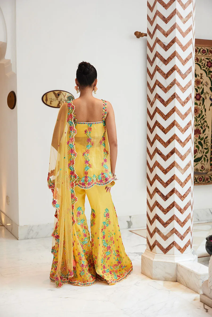 YELLOW ORGANZA PEPLUM TOP AND SHARARA